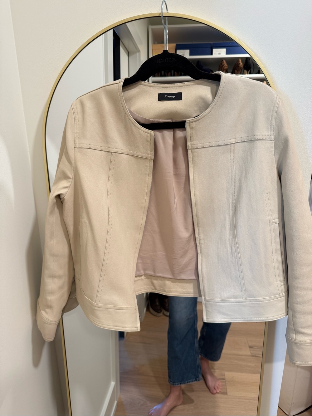 Theory Cream Leather Collarless Jacket